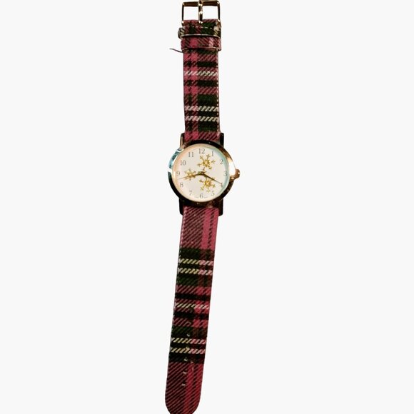 Gold Snowflake Dial Watch Red Plaid Strap Christmas Needs Battery - Picture 2 of 4